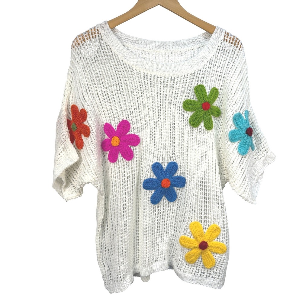 Crochet Sweater Floral Applique‎ Cottagecore Boho Knit White Colorful 2XL Fits L